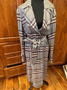 Plaid Long Belted Trench Coat  - Gray and Burgundy